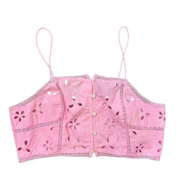 Zara Eyelet Lace Pink Crop Top XS Embroidered Bra Festival Sheer Button Up Tank - Picture 1 of 12
